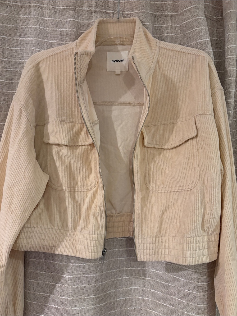 aerie Cream Corduroy Cropped Zip Jacket
